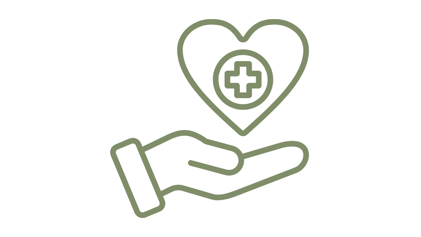Outline of a hand holding a heart with a medical cross and a plus sign inside.