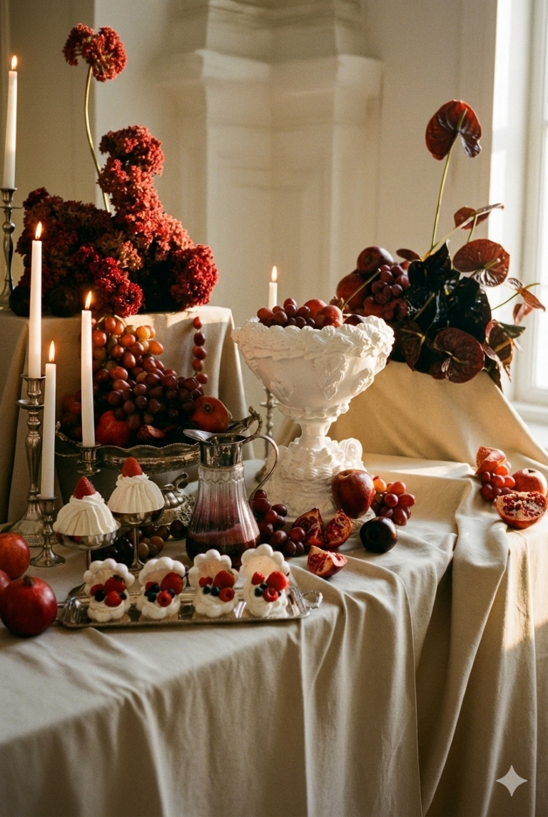 Decorative table setting with candles, grapes, pomegranates, apples, and desserts, featuring a vintage-style white pedestal bowl filled with grapes, in a room with natural light.
