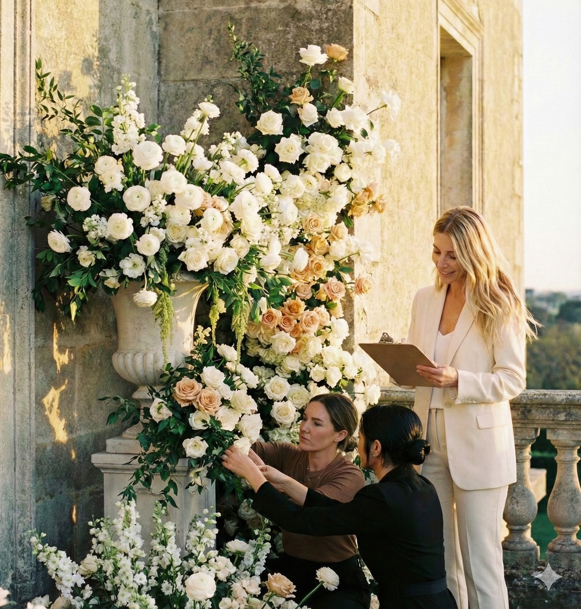 Three women decorating a large floral arrangement of white and beige roses and greenery on a stone terrace, with one woman standing and holding a clipboard, and two women kneeling and arranging flowers.