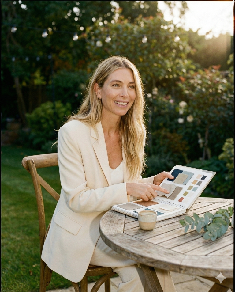 A woman in a white suit sitting outdoors at a round wooden table, looking at a fabric sample book, with a garden background and sunlight.