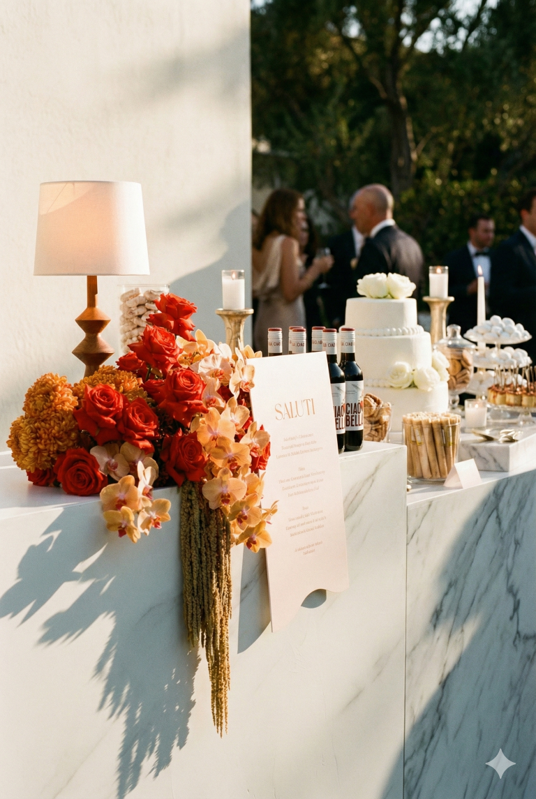 A decorated table at an outdoor celebration, featuring a floral arrangement with roses and orchids, a lamp, bottles of wine or beer, and a cake with white flowers, with people dressed in formal attire in the background.
