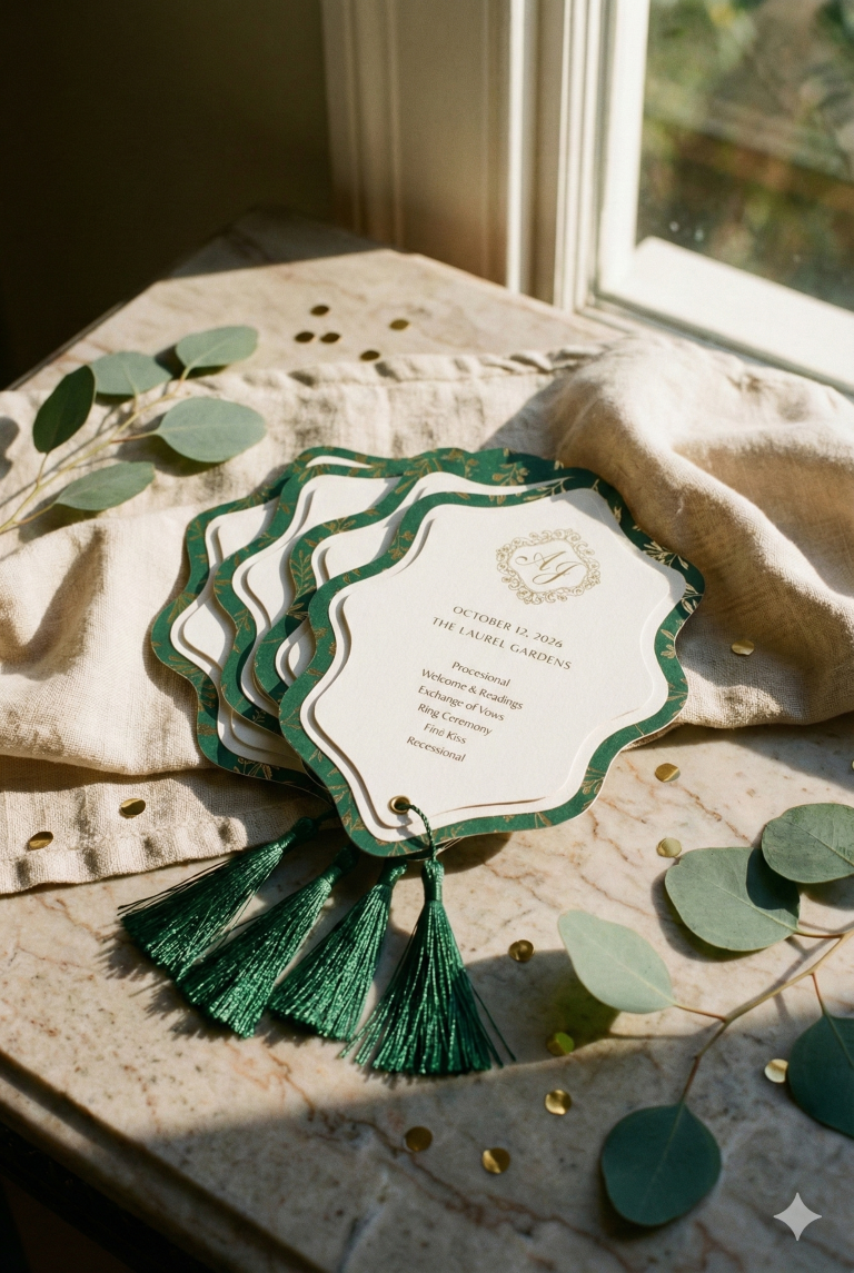 Wedding program cards with green tassels, placed on a marble surface next to eucalyptus leaves and gold confetti, with sunlight coming through a nearby window.
