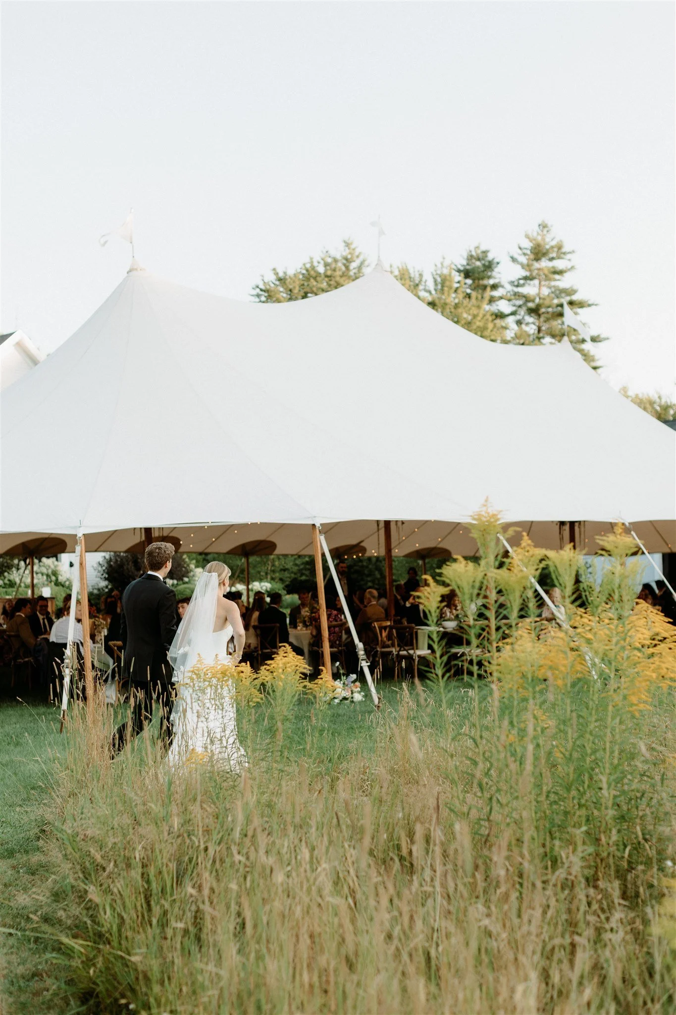 A bride and groom walk towards a large outdoor wedding tent with guests seated inside. The scene is set in a grassy area with tall wildflowers and trees in the background.
