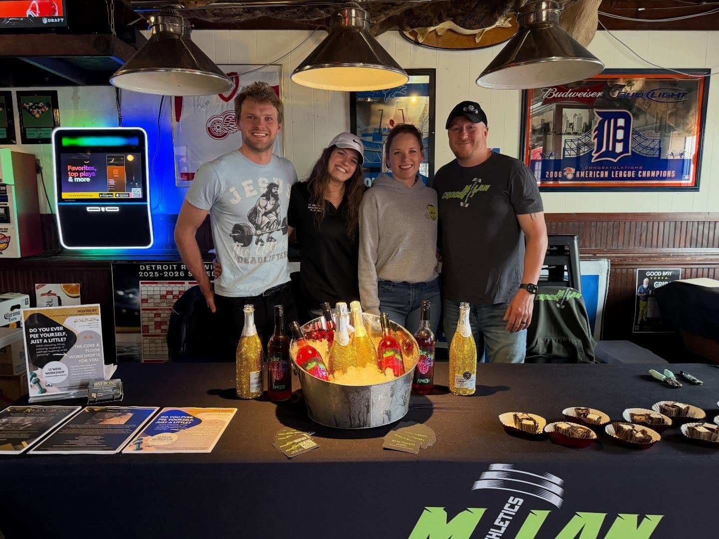 Had a blast serving it up with @milan_crossfit at Milan&rsquo;s Wine Walk!! &hellip; and yes, my flyer does ask &ldquo;Do you ever pee yourself just a little?&rdquo; and yes Levi&rsquo;s shirt says &ldquo;Jesus the ultimate deadlifter&rdquo; 🖤🩶🤍✨#