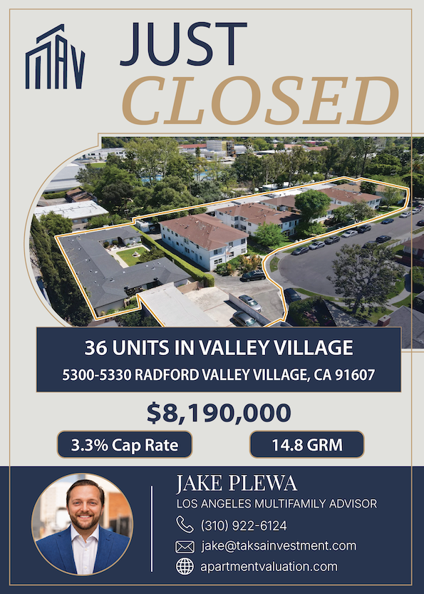 36 unit multifamily apartment in Valley Village, California sold by Jake Plewa