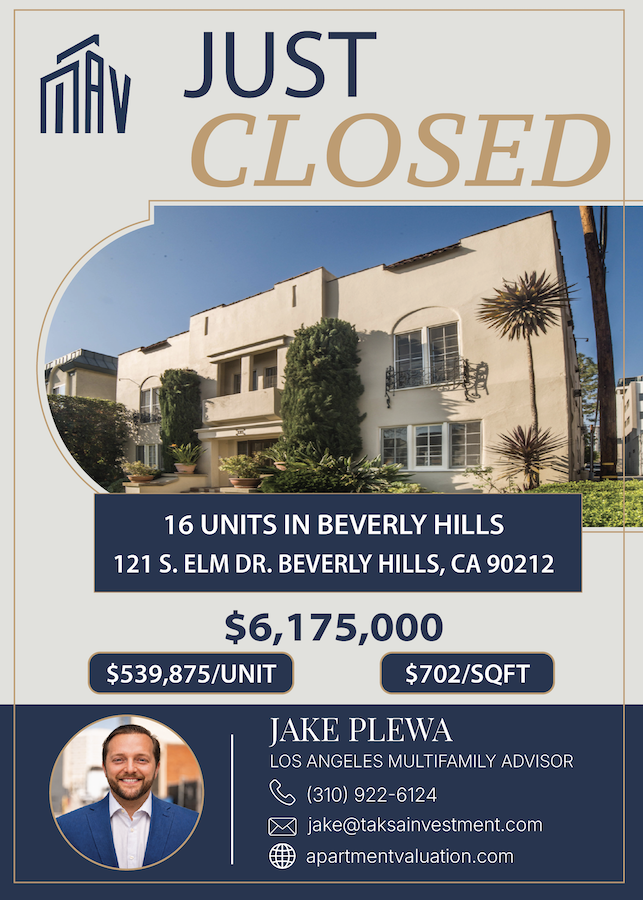 16-Unit Apartment Building at 121 S. Elm Drive, Beverly Hills sold for $6,175,000