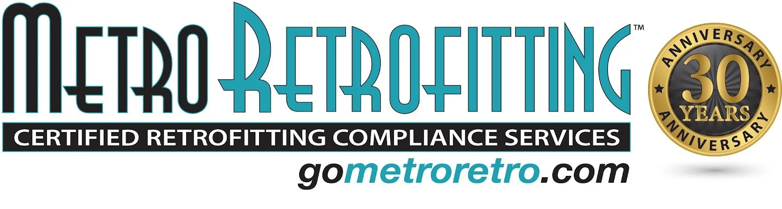 Logo of Metro Retro, a retrofitting compliance services company, celebrating 30 years, with the website go.metroretro.com