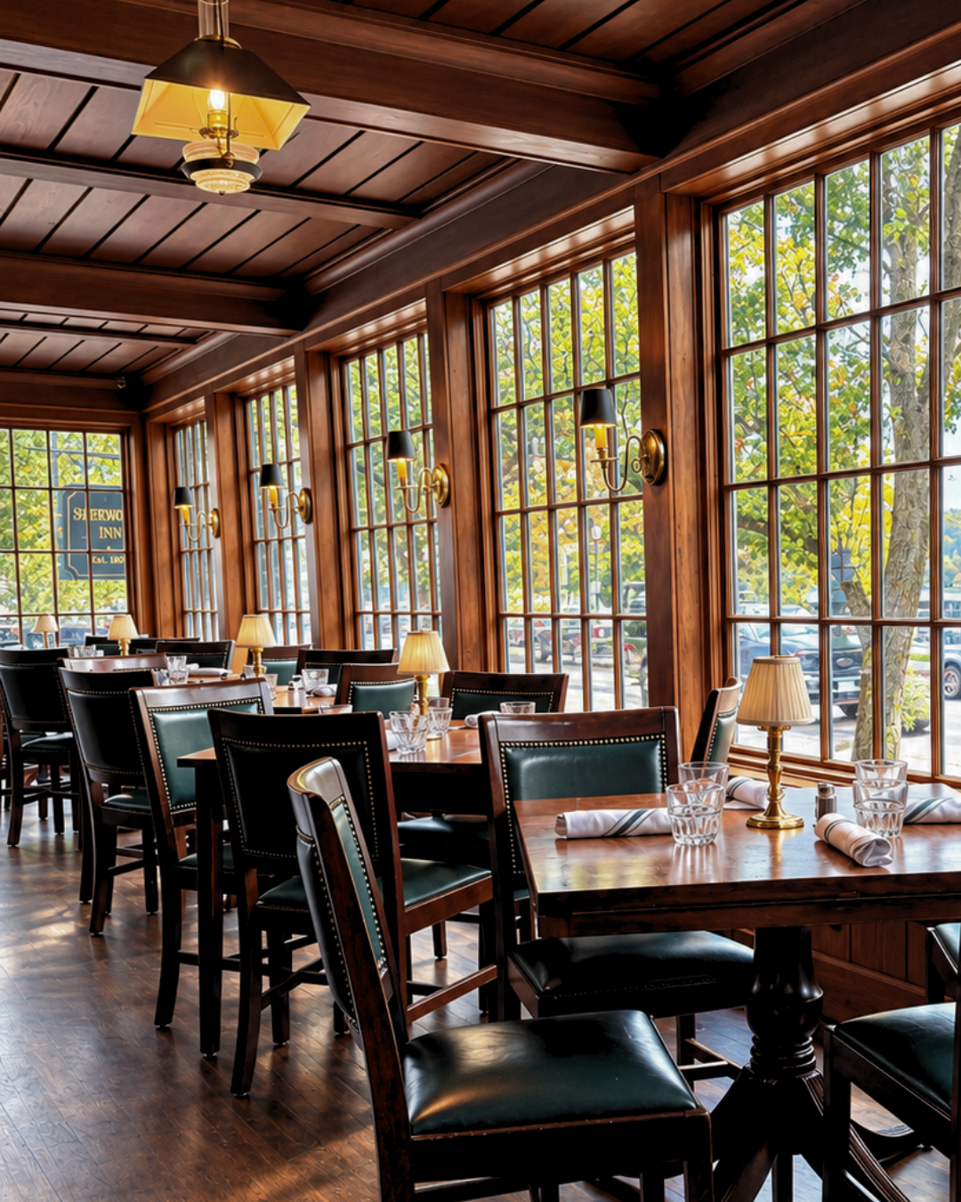 Interior of a cozy restaurant with wooden walls and large windows, decorated with small table lamps and neatly set tables.