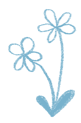 Drawing of two blue daisy style flowers with stems and leaves on a cream background.