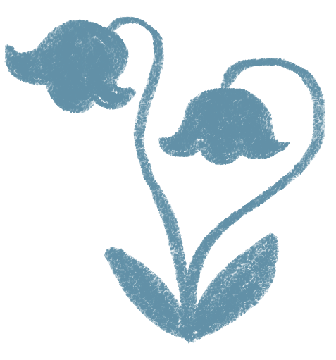 Illustration of two blue flowers with heart-shaped stems and rounded petals.