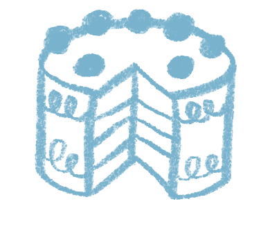 A hand-drawn illustration of a whole cake with a slice removed, decorated with swirling patterns and circular shapes.