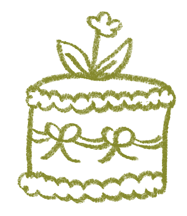 Line drawing of a birthday cake with a flower on top and ribbon decorations.