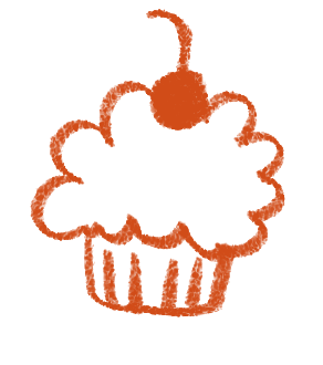 A simple drawing of a cupcake with a cherry on top, in red.