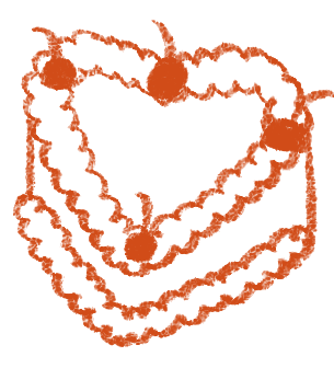 A simple illustration of a heart-shaped cake with cherries on top