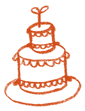 A red line drawing of a three-tiered birthday cake with a little sprout coming out on top, on a round plate.