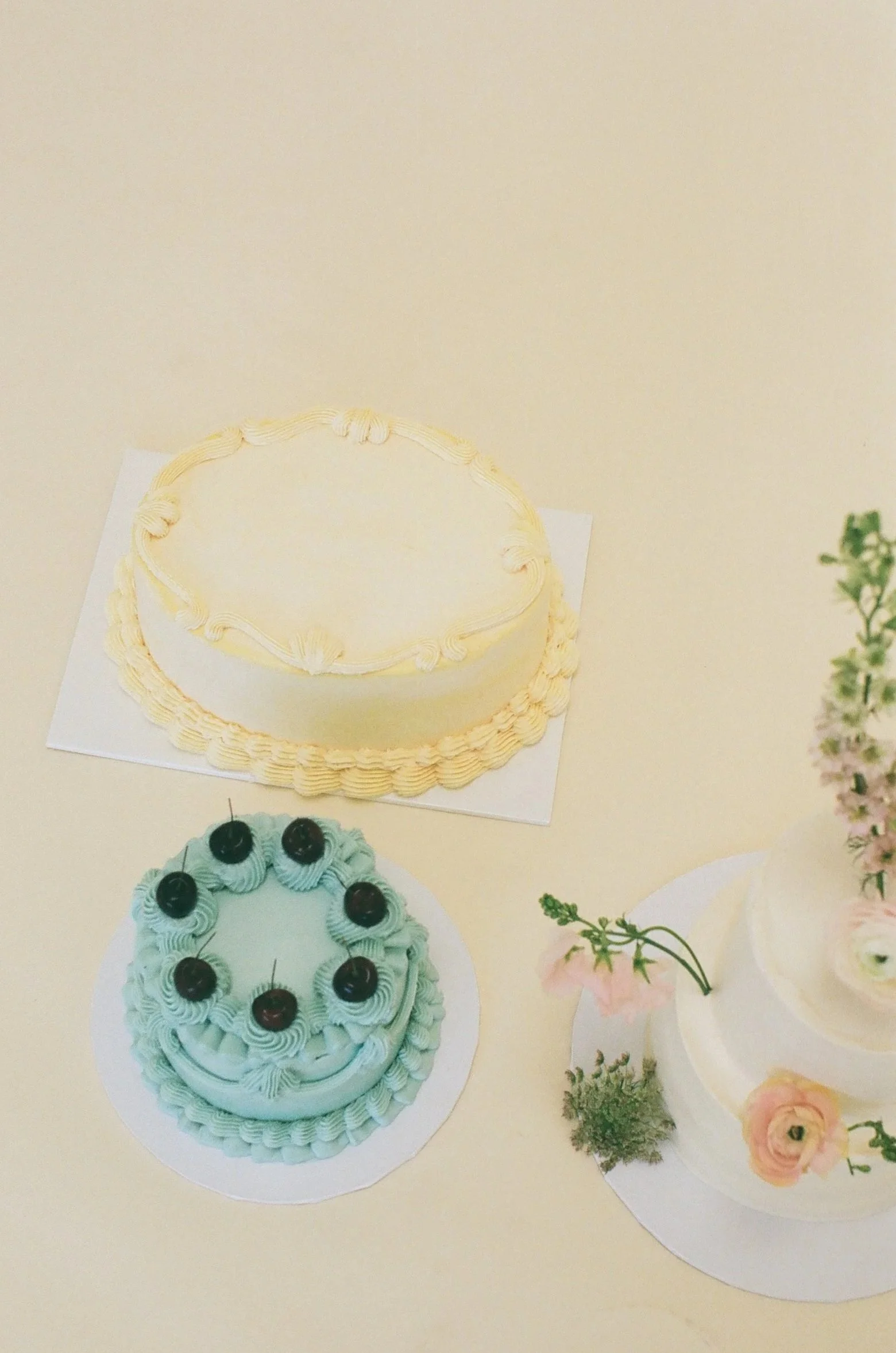 Three decorated cakes on a table, one with cherries on top, the other with decorative piped icing, and a third decorated with real flowers.