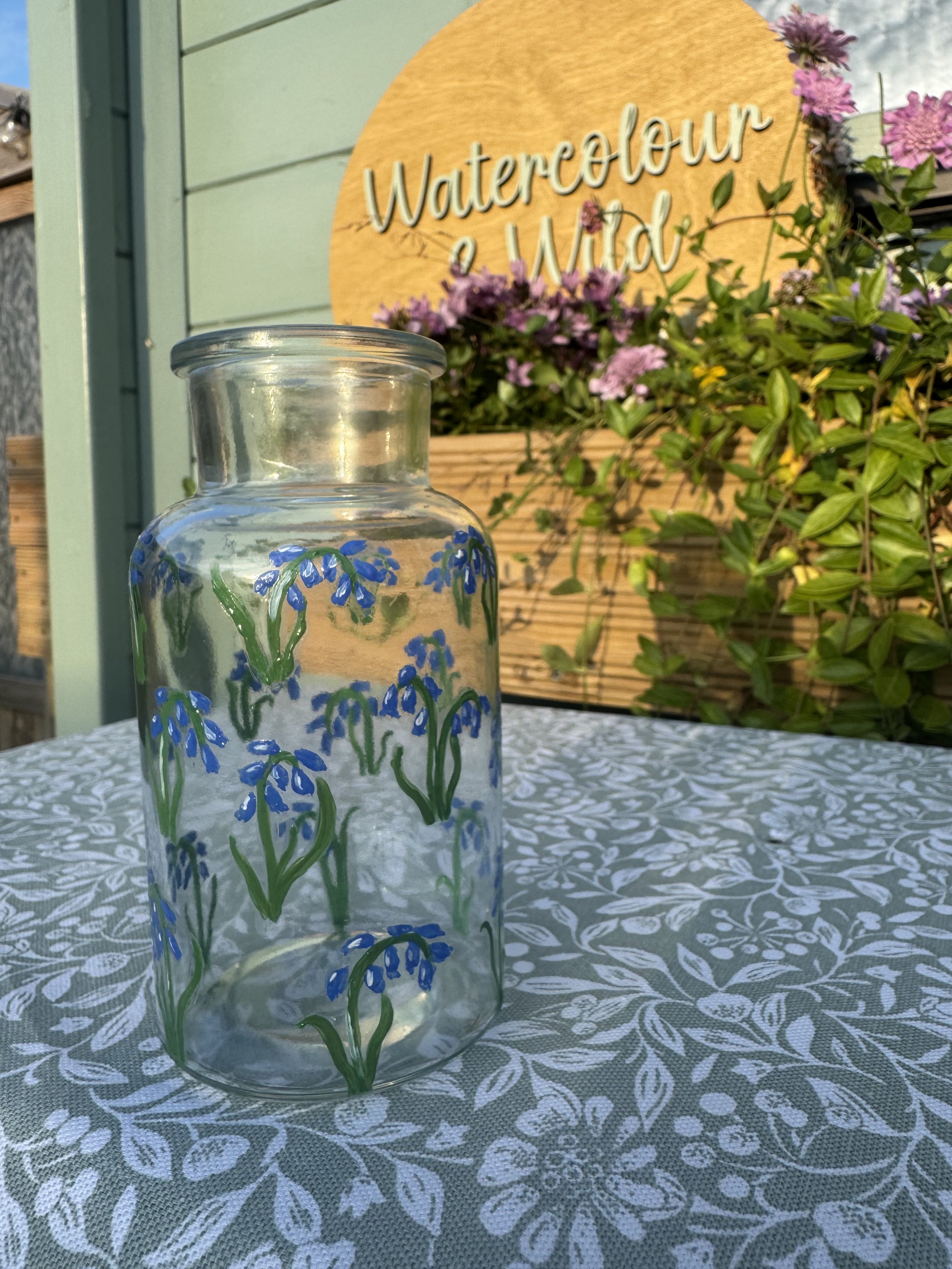 Vase, Glass Hand-Painted Wildflower Vase,  Bluebells