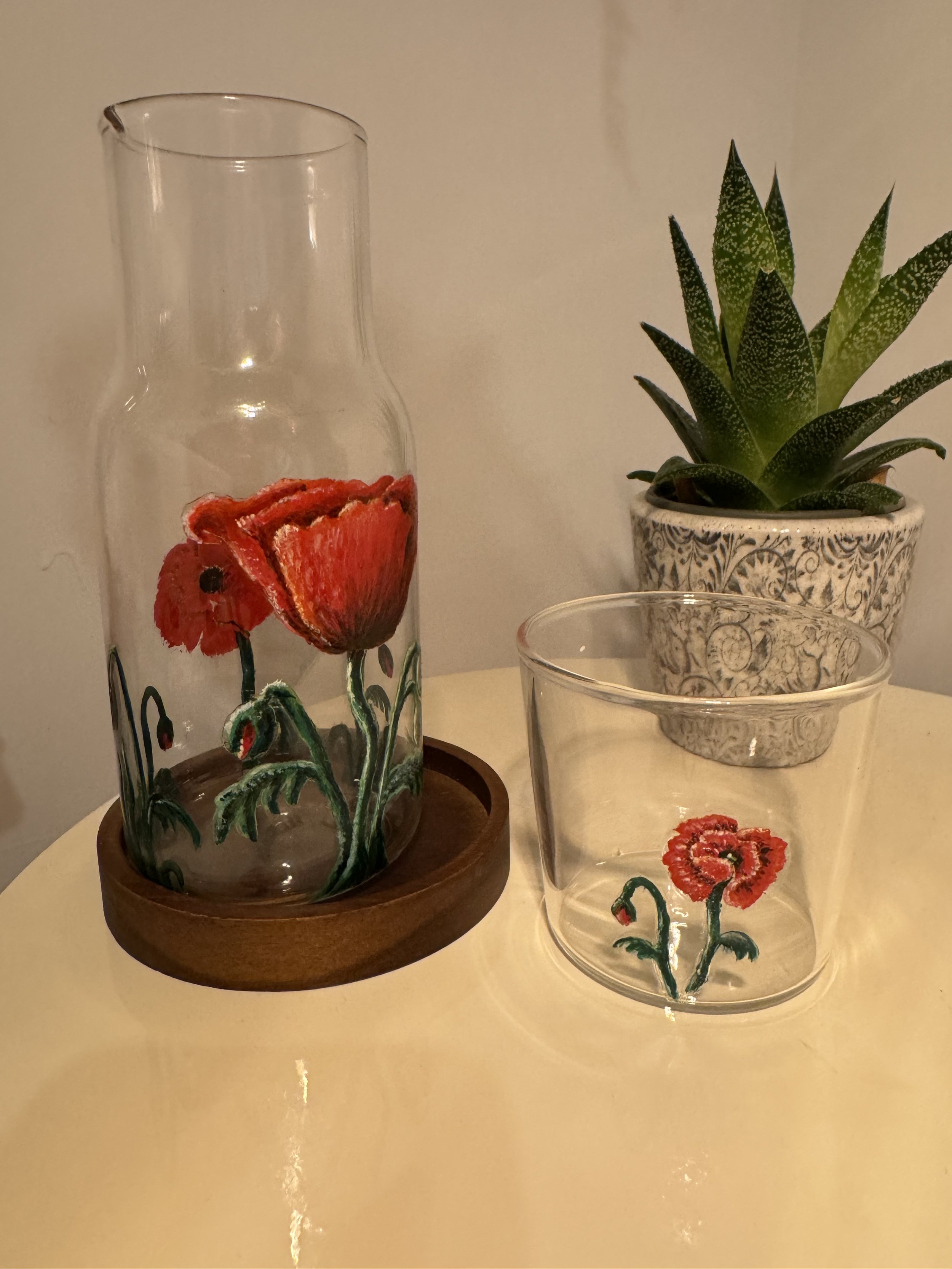 Glass Carafe. Hand-Painted Wild flower, Poppy