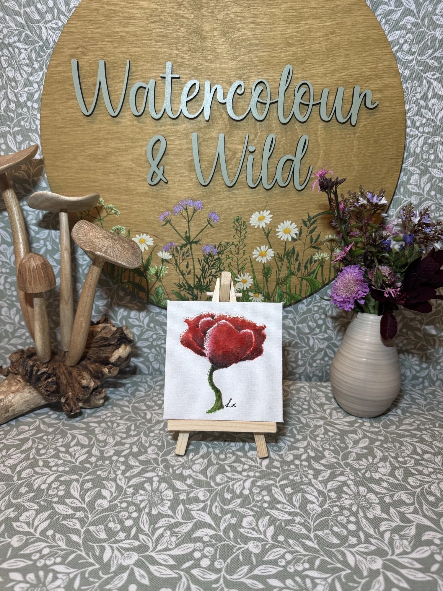 Wild Poppy watercolour painting on 4" canvas and easel