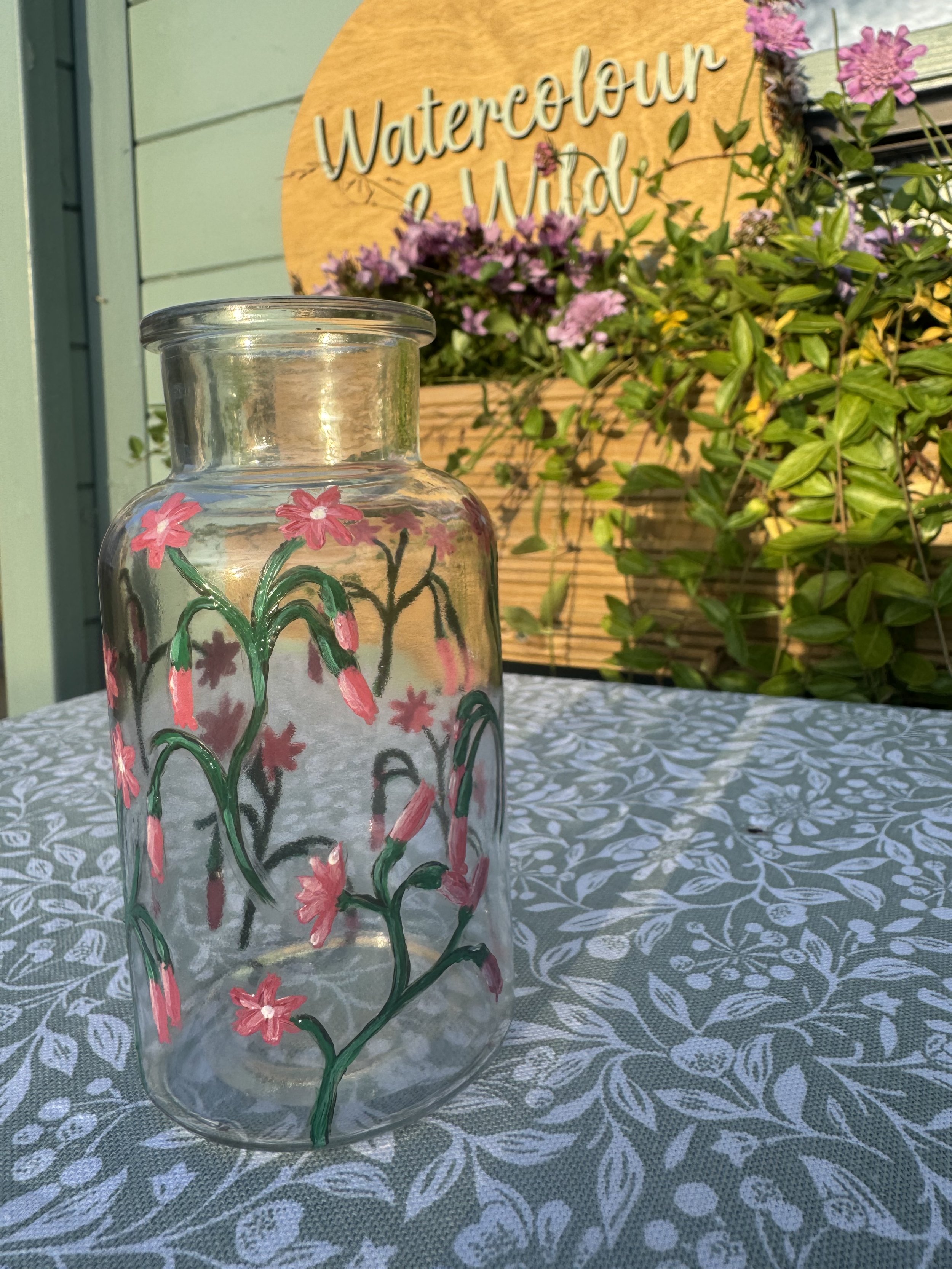 Vase, Glass Hand-Painted Wildflower Vase,  Pink Fire