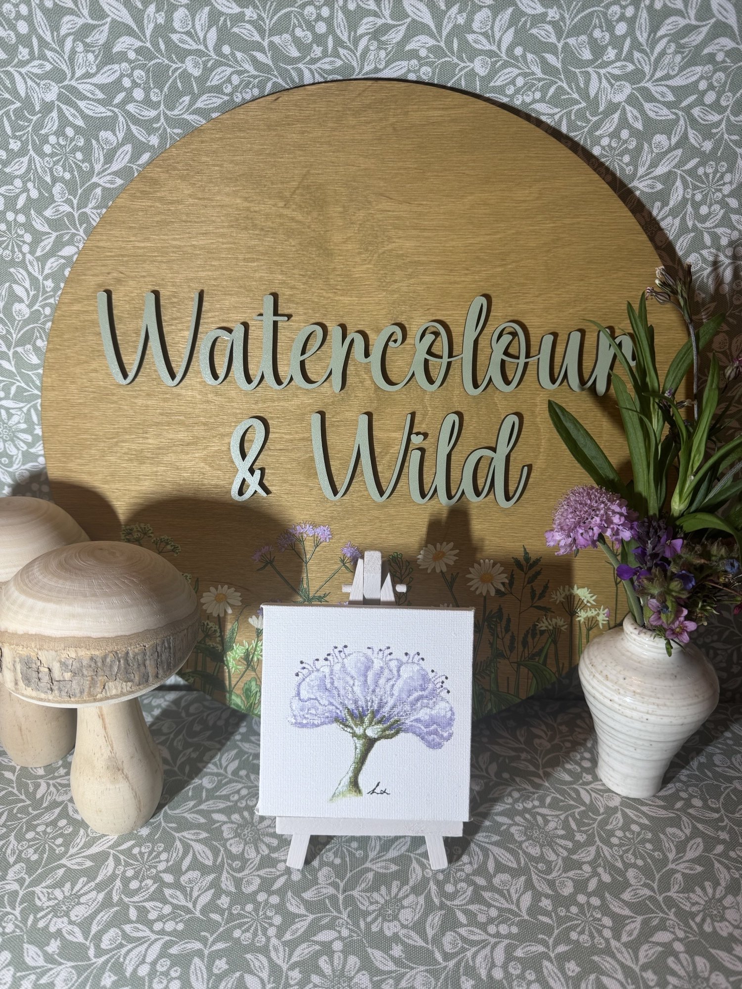 Field Scabious watercolour painting on 4" Canvas and Easel