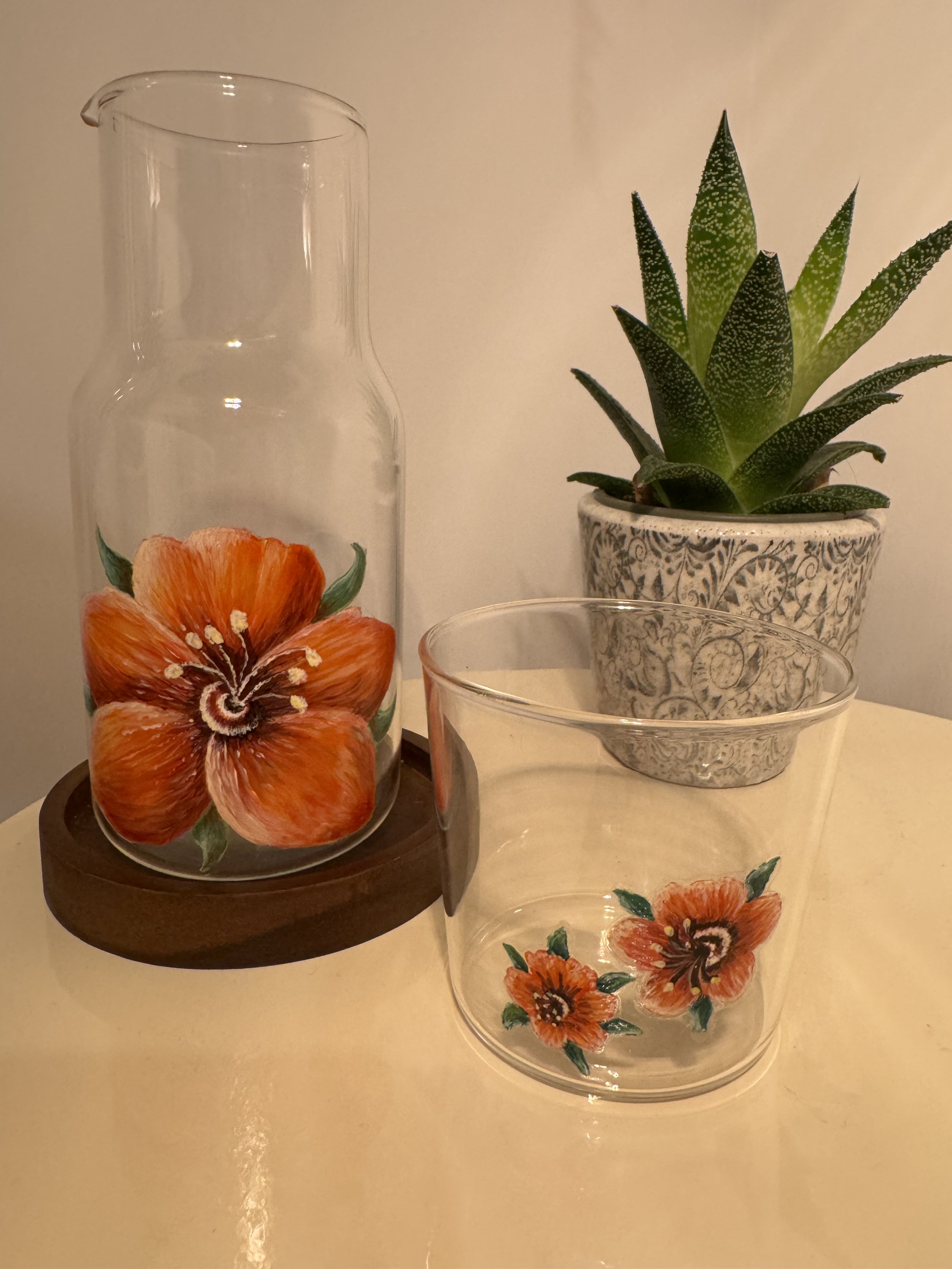 Glass Carafe. Hand-Painted Wild flower, Scarlet Pimpernel