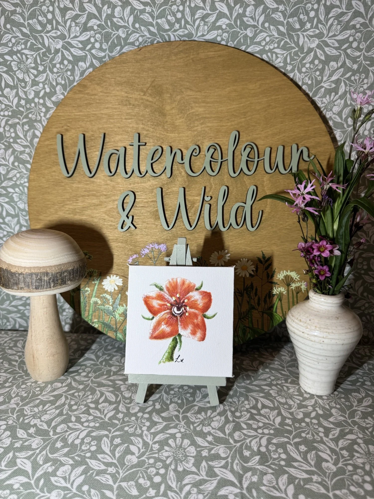 Scarlett Pimpernel watercolour painting on 4" Canvas and Easel