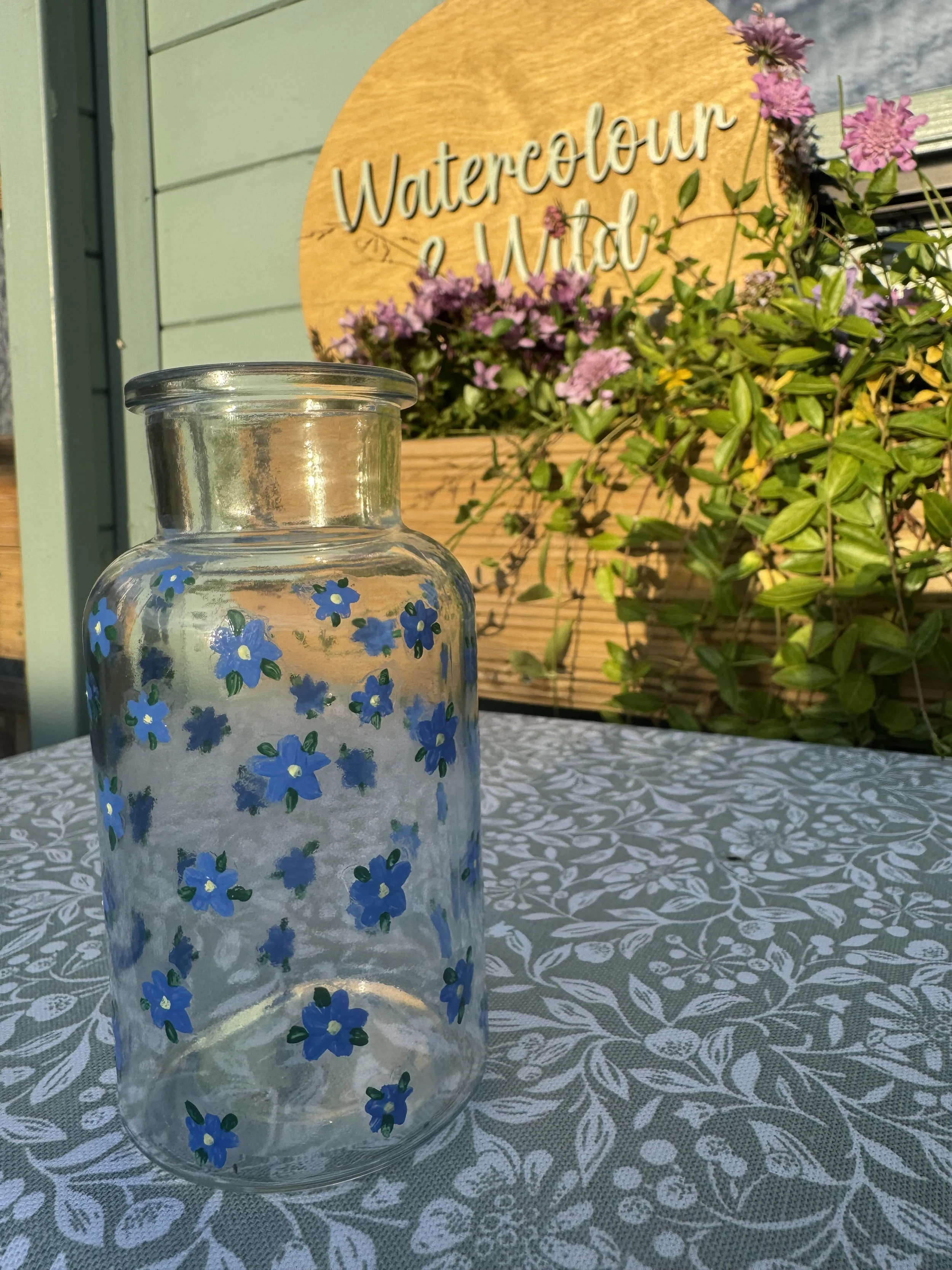Vase, Glass Hand-Painted Wildflower Vase,  Forget-Me-Not
