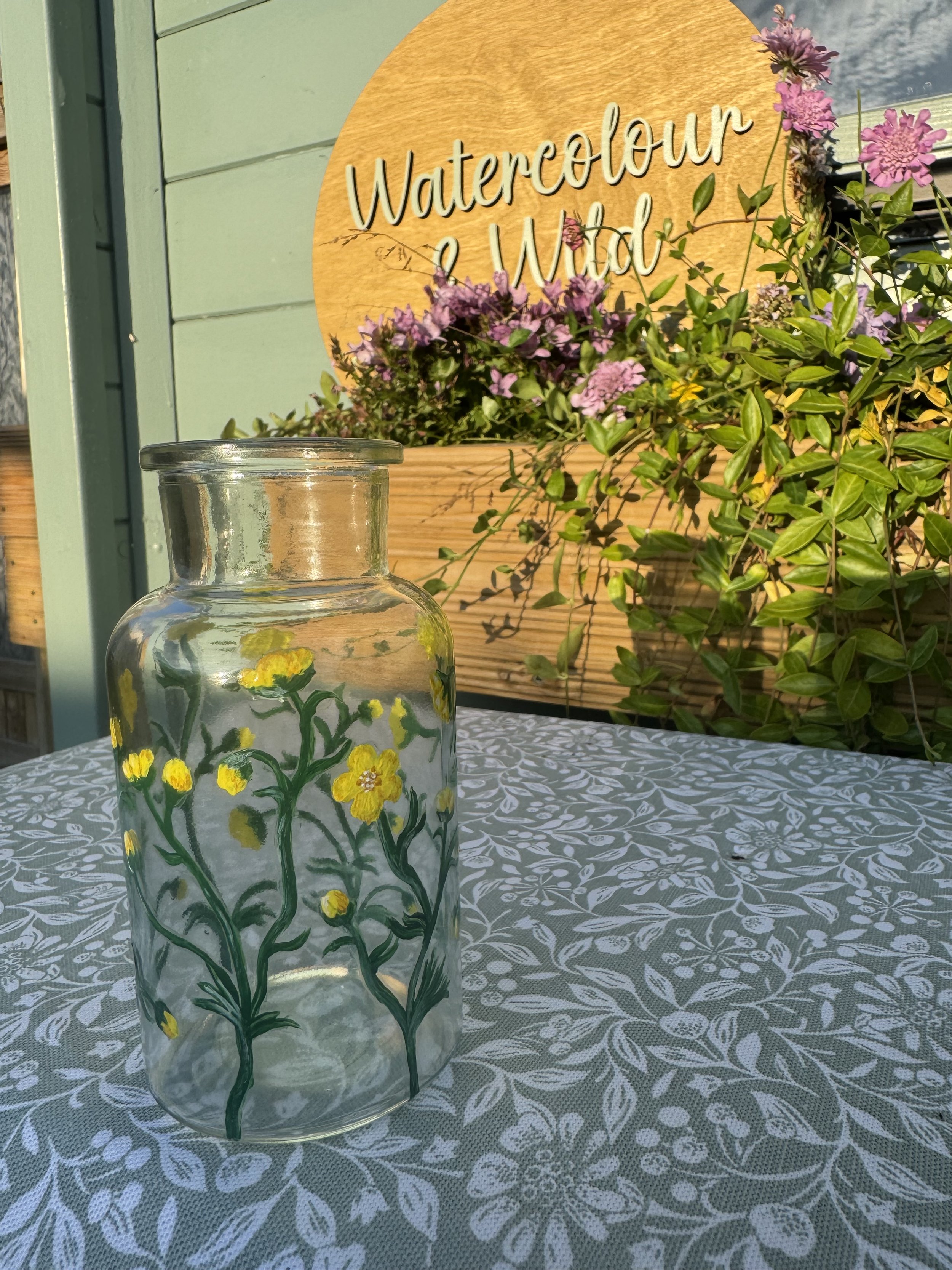 Vase, Glass Hand-Painted Wildflower Vase,  ButterCup