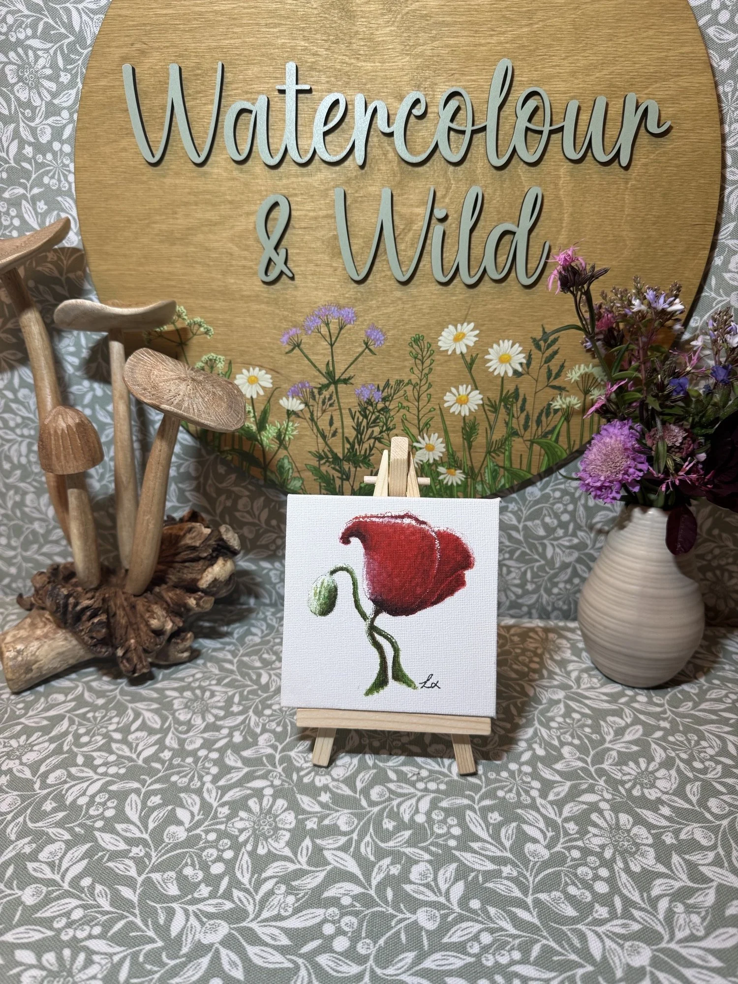 Wild Poppy watercolour painting on 4" canvas and easel