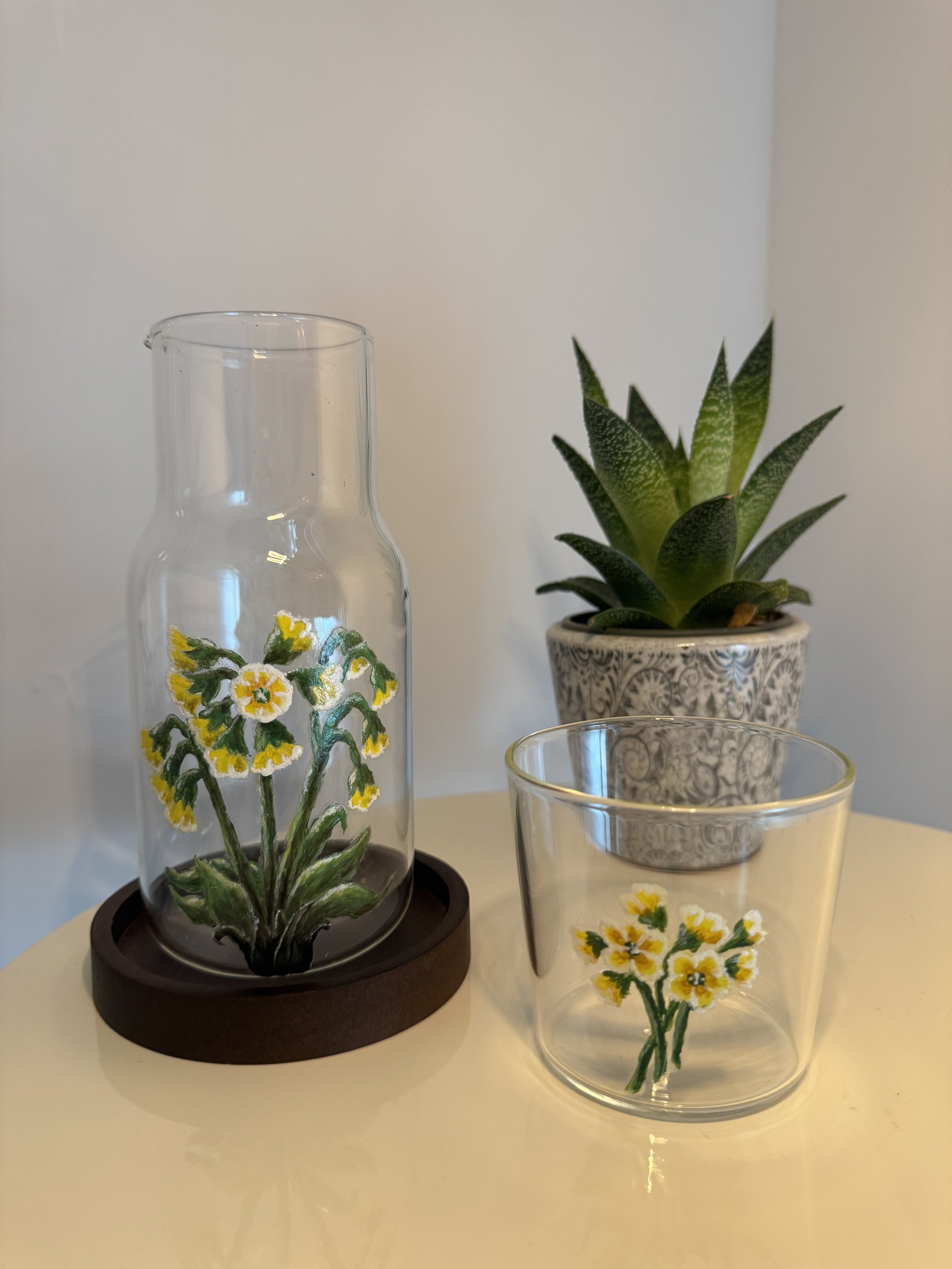 Glass Carafe. Hand-Painted Wild flower, Wild Primrose