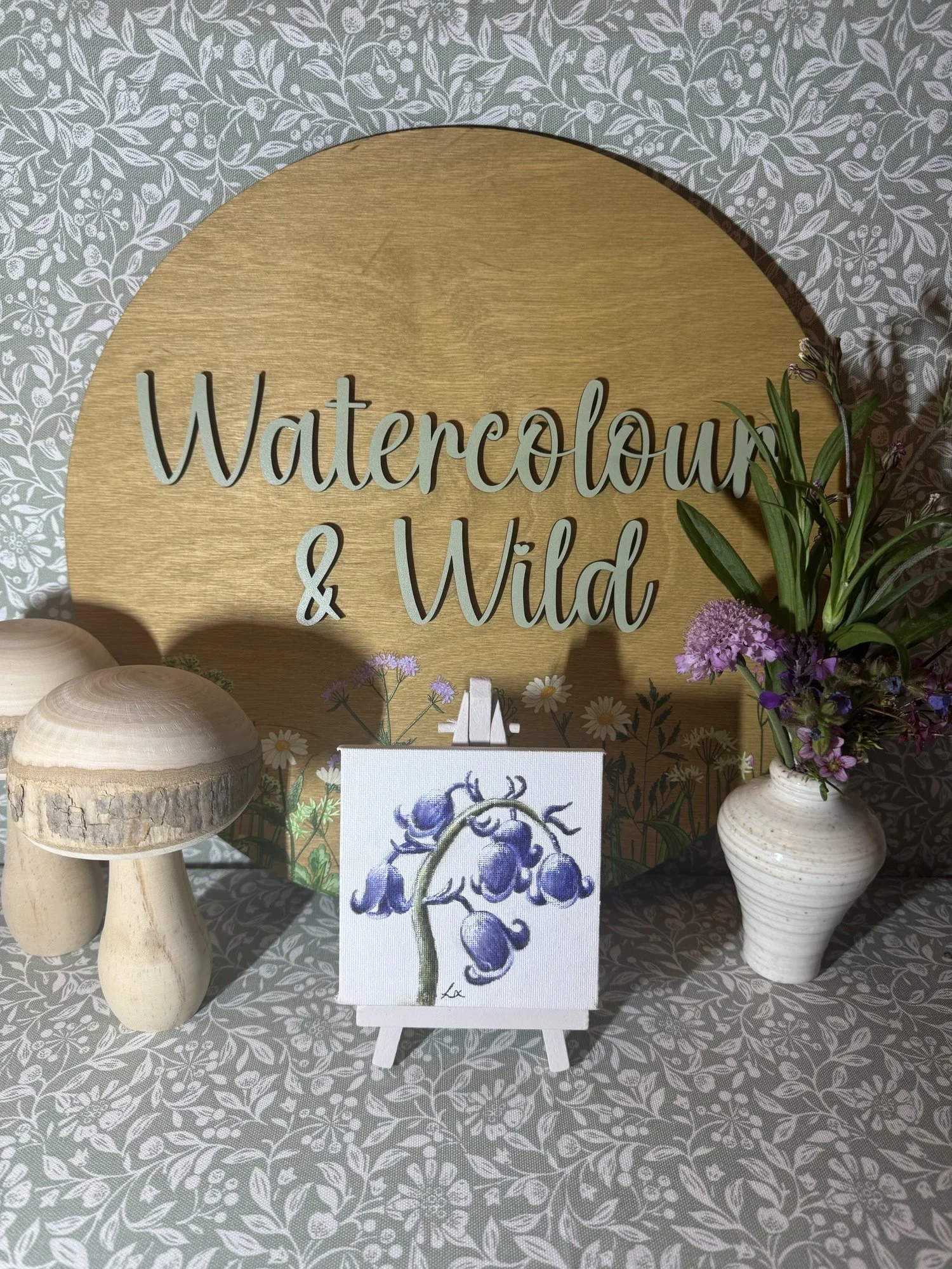 Bluebell watercolour painting on 4" canvas and easel
