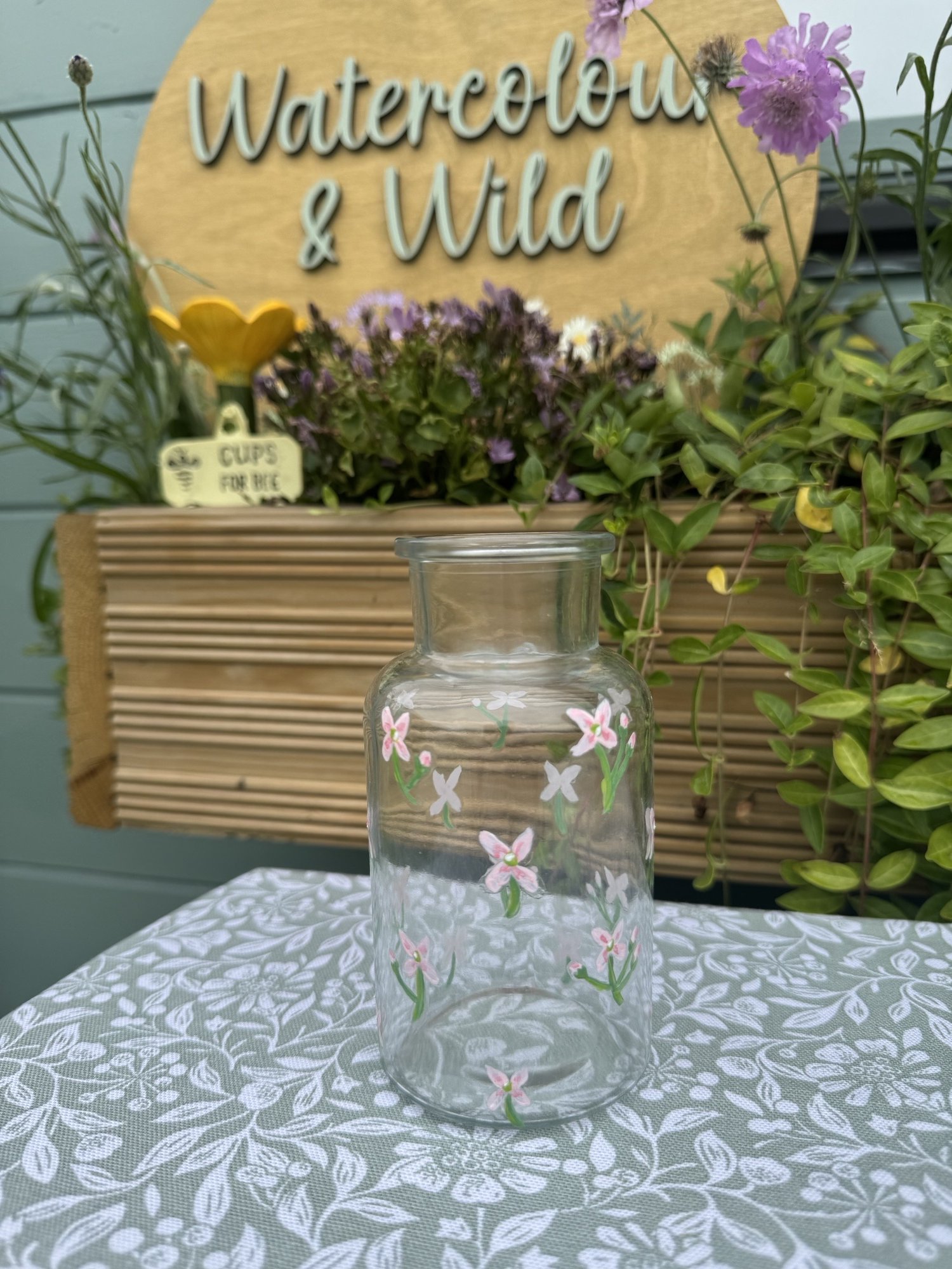 Vase, Glass Hand-Painted Wildflower Vase, Pink Cuckoo Flower