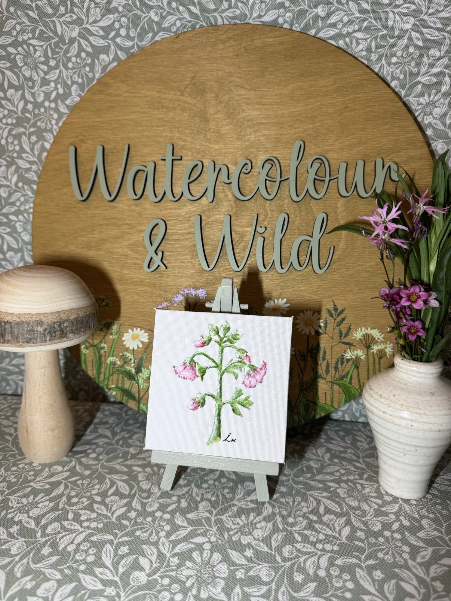Musk Mallow watercolour painting, on 4" Canvas and Easel