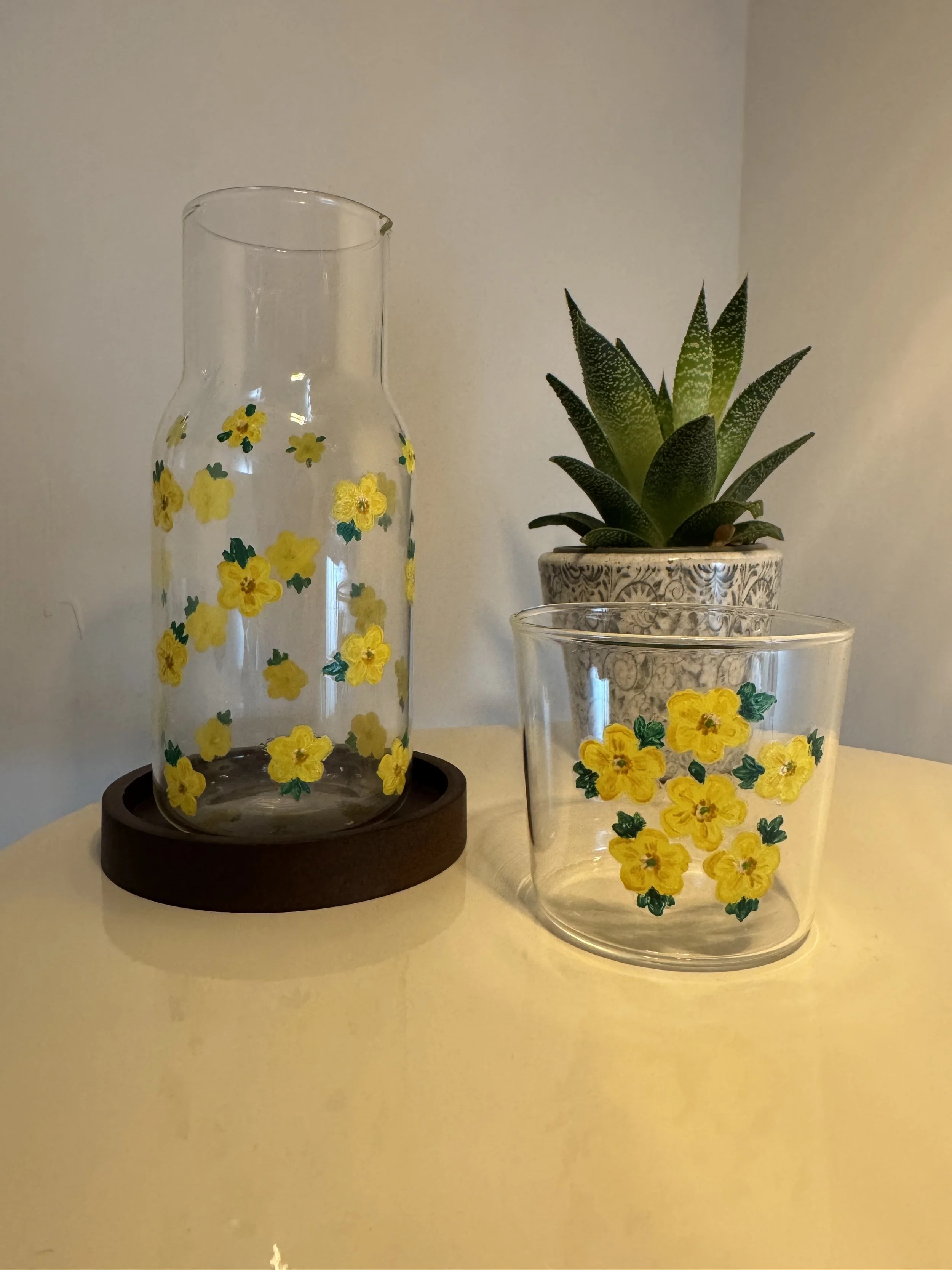 Glass Carafe. Hand-Painted Wild flower,  Buttercup