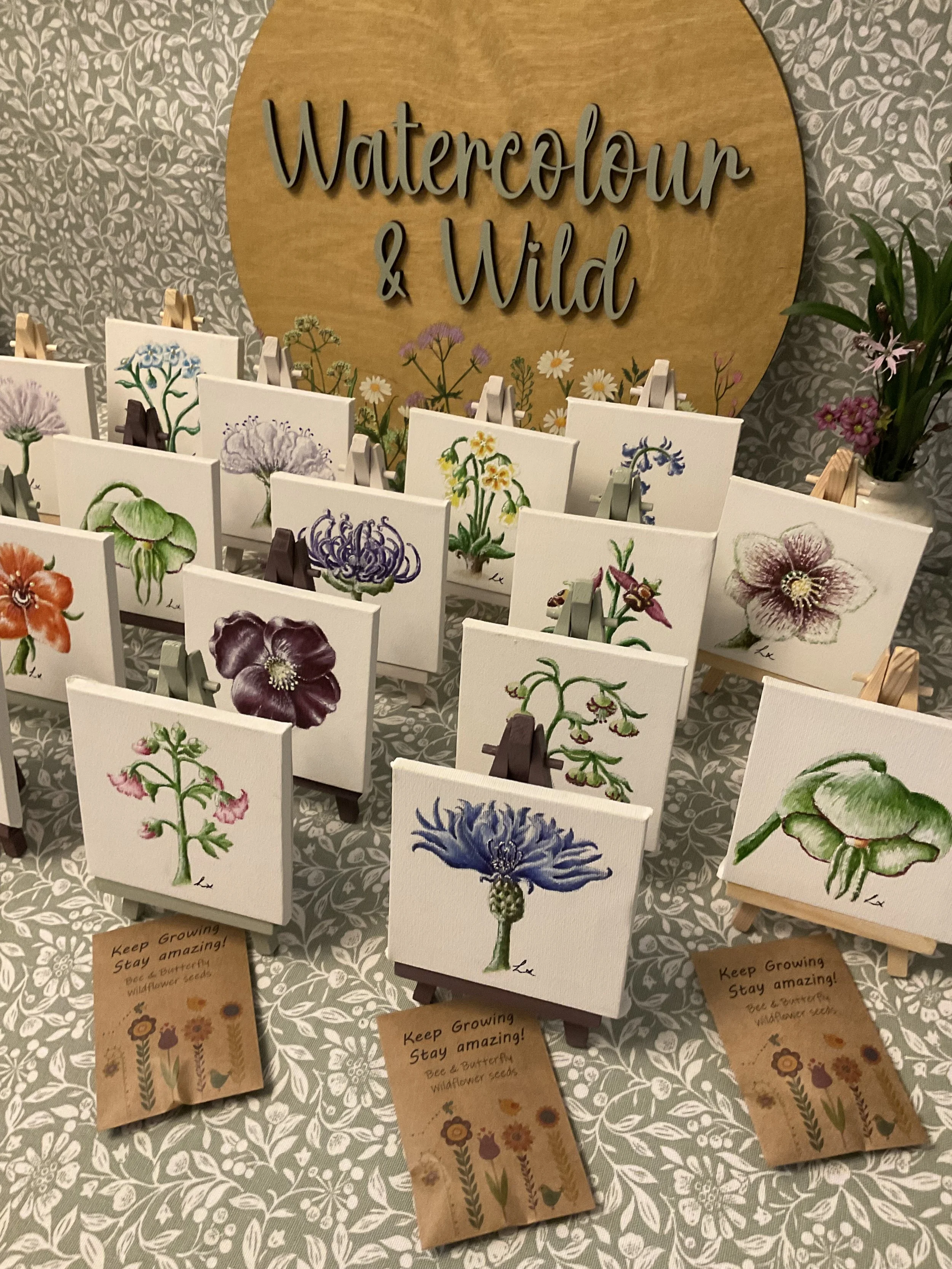 Display of watercolor paintings of various flowers on small canvases on easels, with a wooden sign reading 'Watercolour & Wild' in the background, and small informational cards about butterfly and wildflower seeds on the table.
