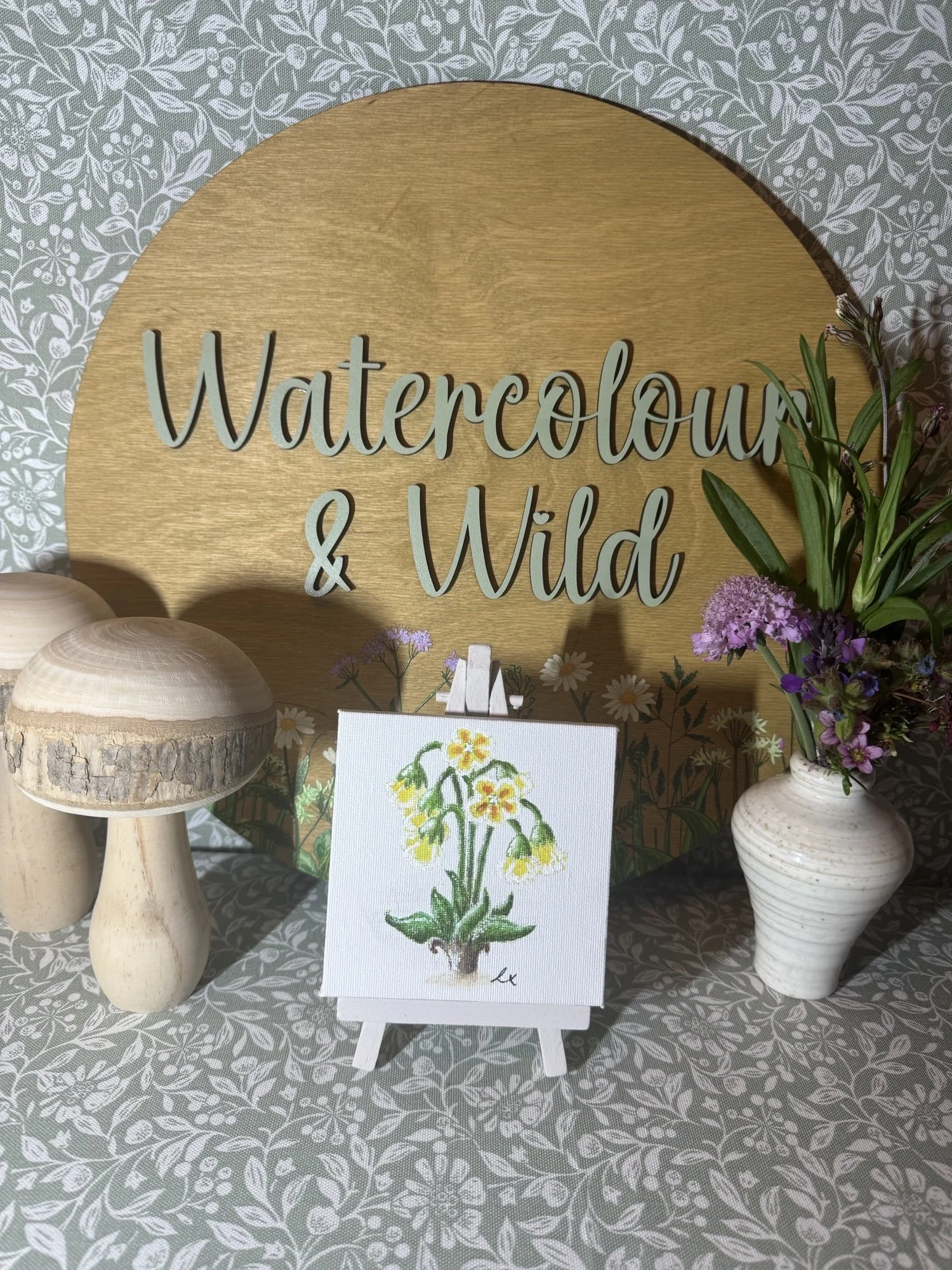 Cowslip Primrose watercolour painting on 4" canvas and easel