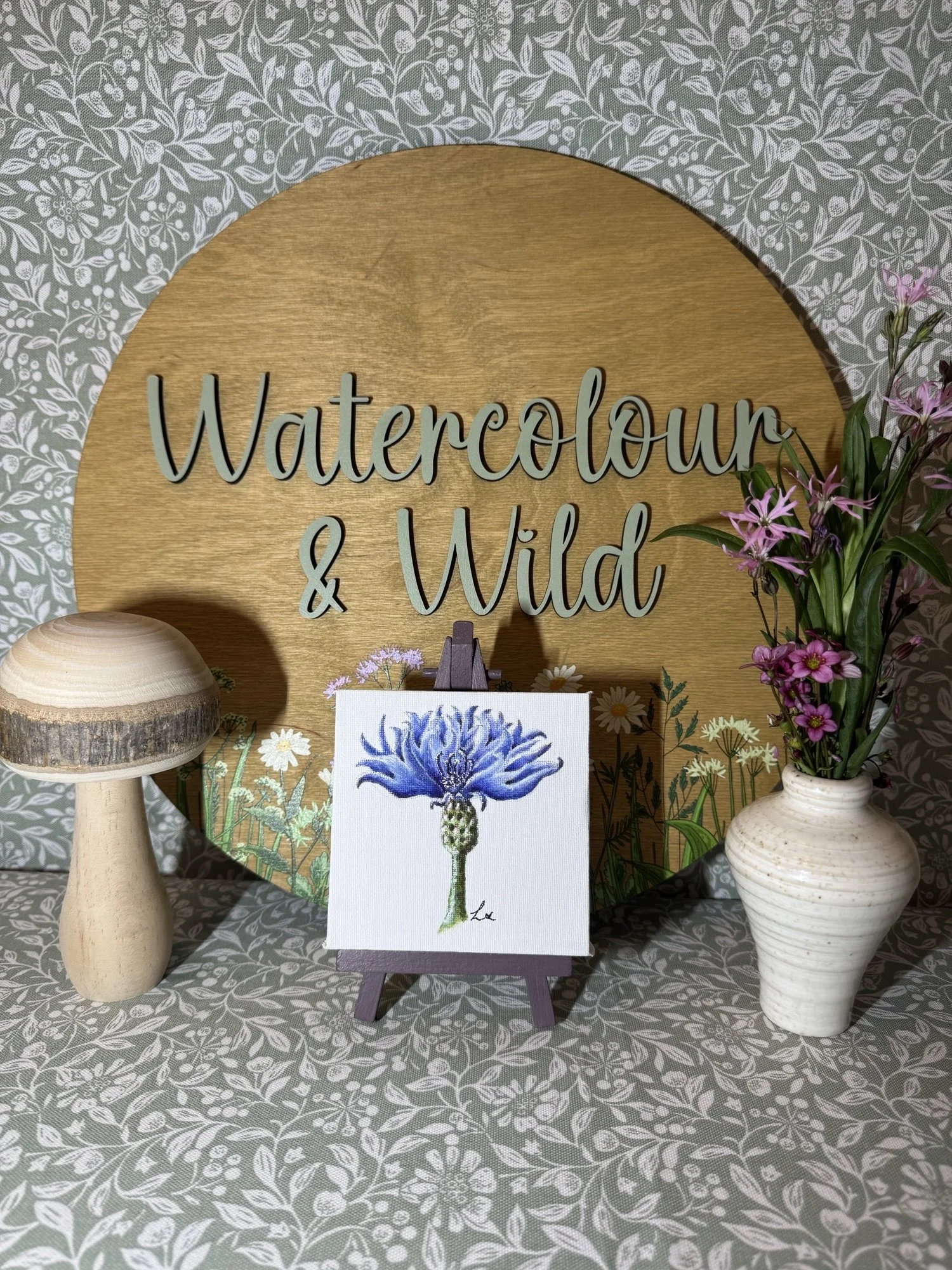 Blue Cornflower watercolour painting, on a Mini 4" Canvas with 6" Easel