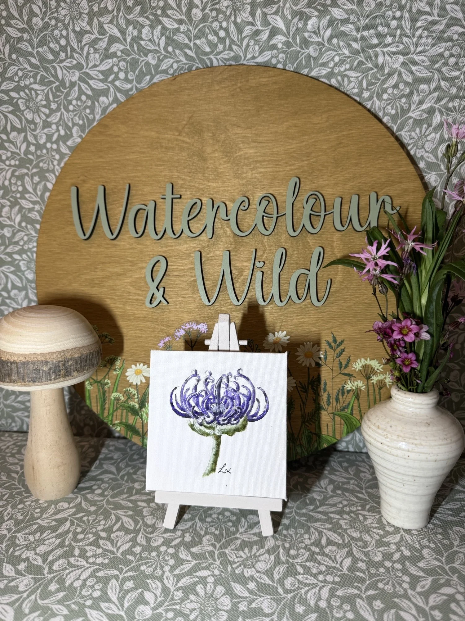 Round headed Rampion watercolour painting on 4" Canvas and Easel
