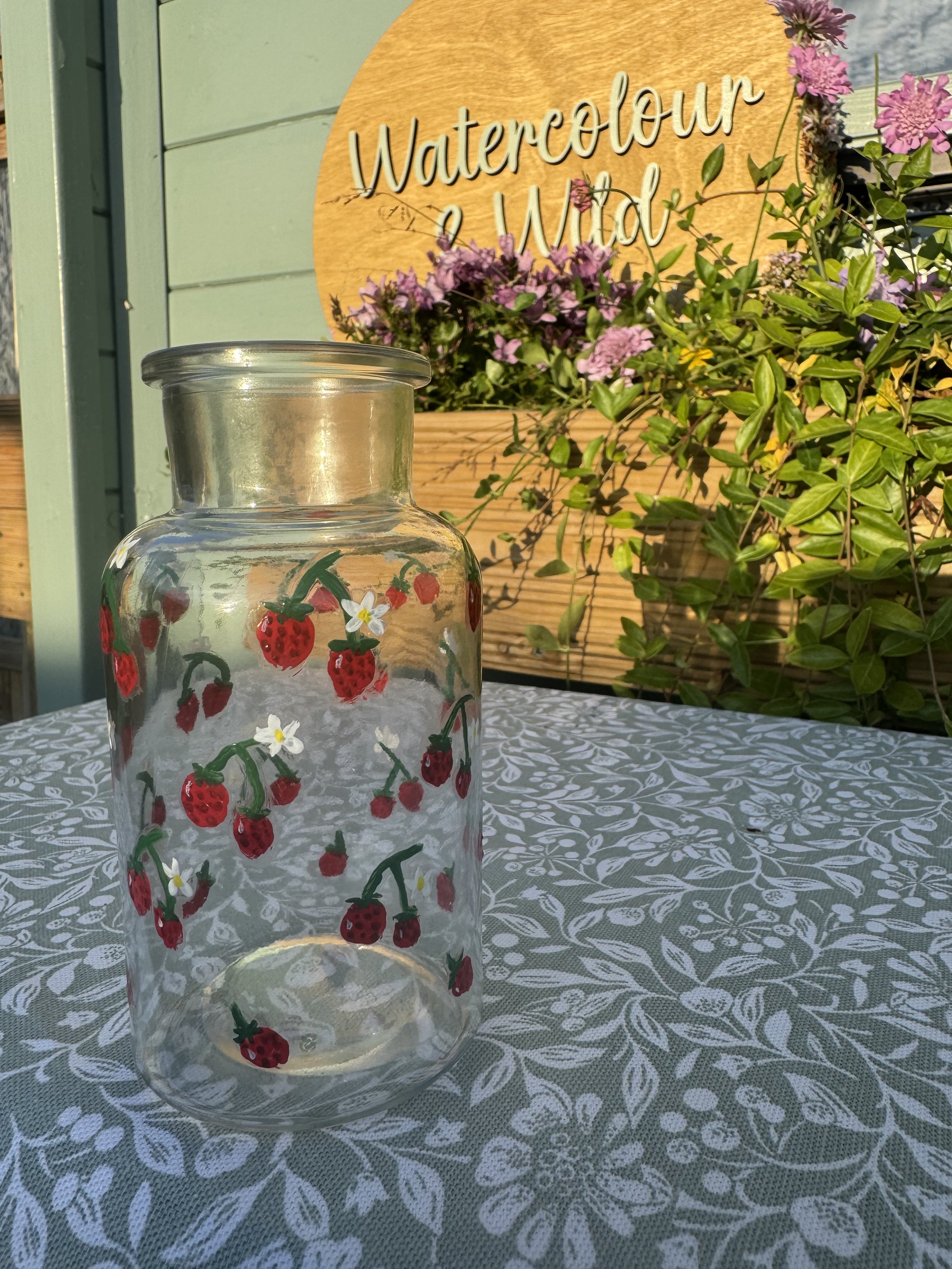 Vase, Glass Hand-Painted Wildflower Vase,  Wild Strawberry Flower