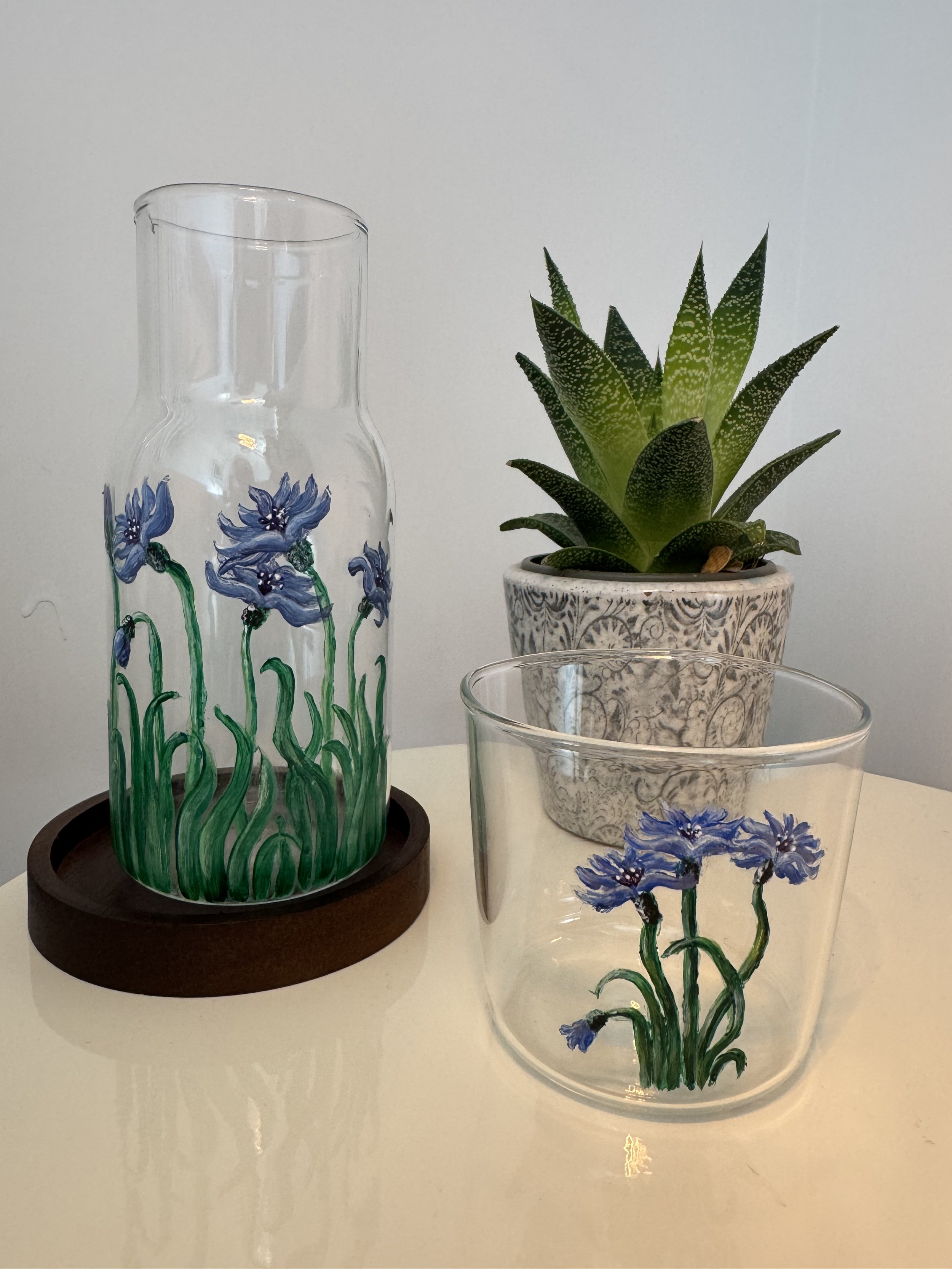 Glass Carafe. Hand-Painted Wild flower, Blue CornFlower