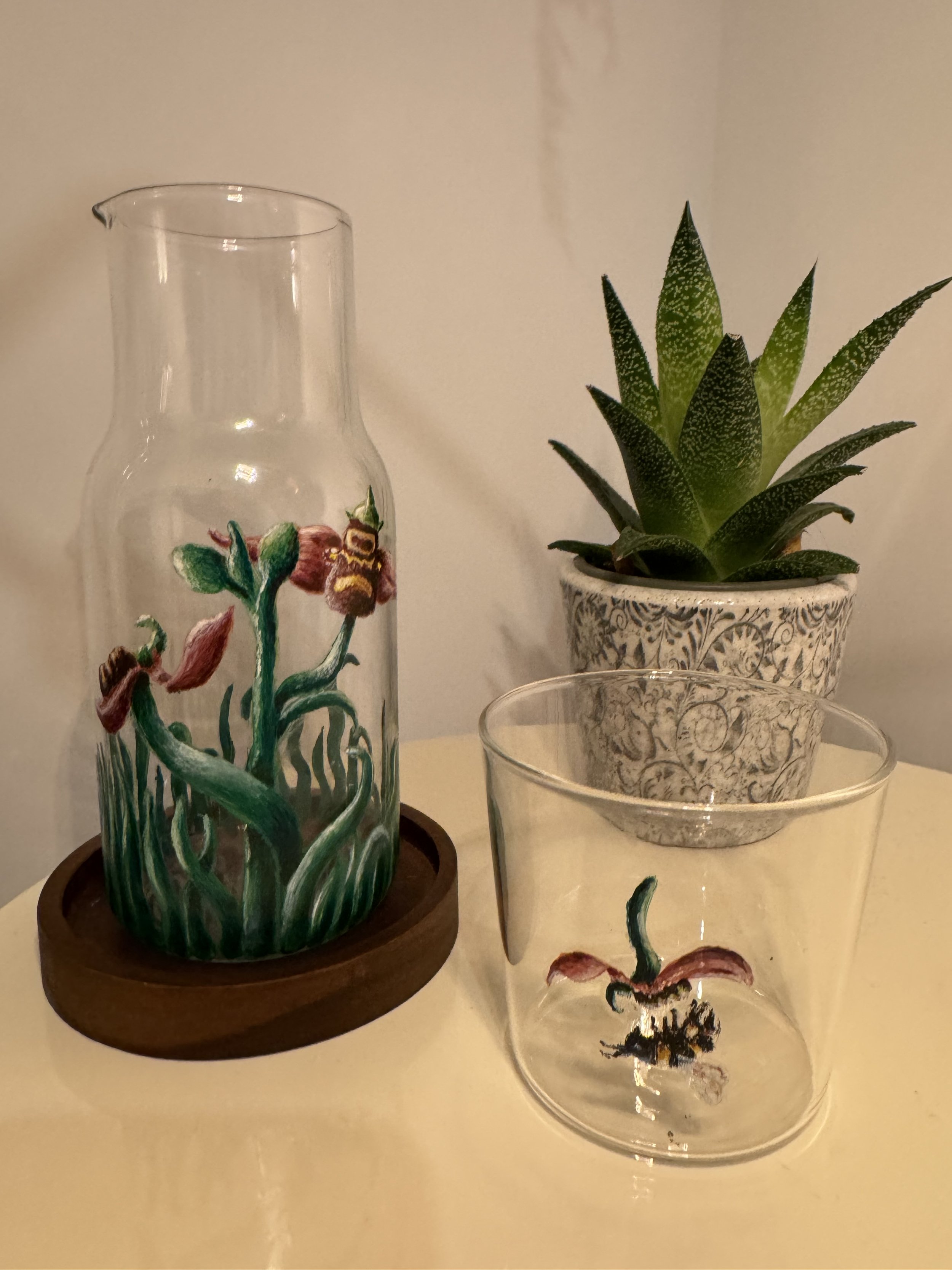 Glass Carafe. Hand-Painted Wild flower, Wild Bee Orchid