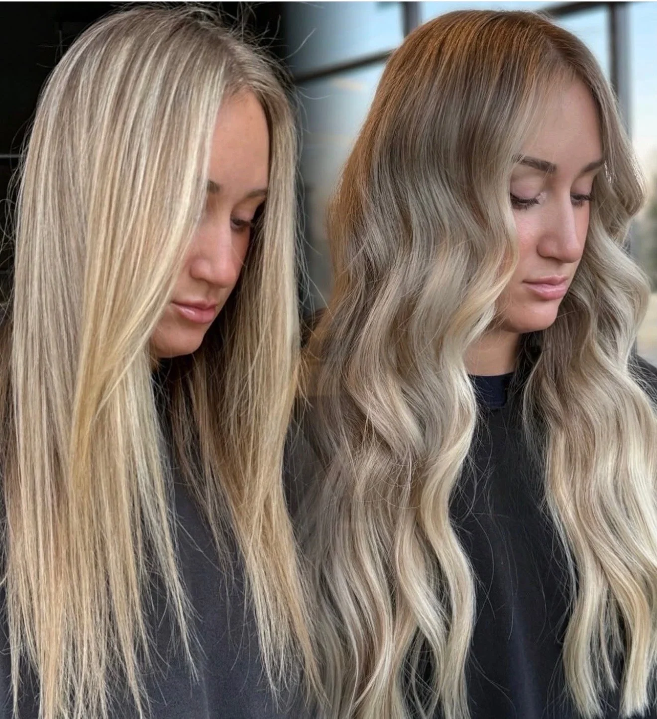 A woman with long blonde hair and a woman with long wavy blonde hair are seated with models of their hair color behind each. The women have their eyes closed and appear to be at a hair salon.