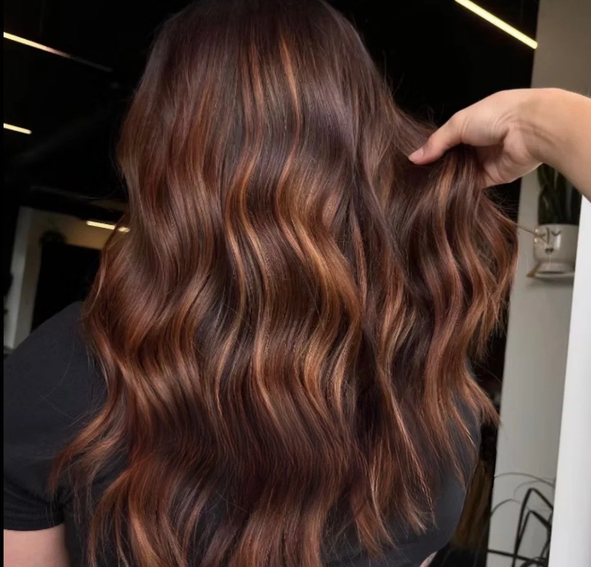 Close-up of a person's wavy, medium to dark brown hair with reddish highlights.
