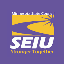 Logo of the SEIU Minnesota State Council, featuring yellow and purple colors, with the text "Minnesota State Council SEIU" and slogan "Stronger Together." SEIU has endorsed Shannon Gibney for Minneapolis School Board, District 3.