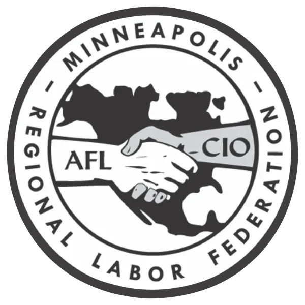 Logo for the Minneapolis Regional Labor Federation (MRLF) featuring two shaking hands over a map of the US, and 'AFL-CIO' written across the hands. The MRLF has endorsed Shannon Gibney for Minneapolis School Board, District 3.