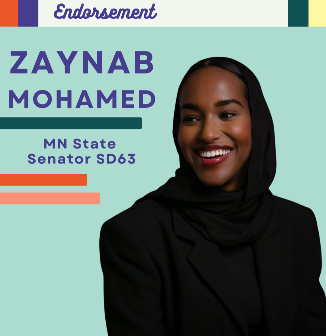 Poster with a portrait of Sen. Zaynab Mohamed smiling and wearing a black hijab and blazer. The poster features endorsement text and colorful bars. Zaynab has endorsed Shannon Gibney for Minneapolis School Board, District 3.