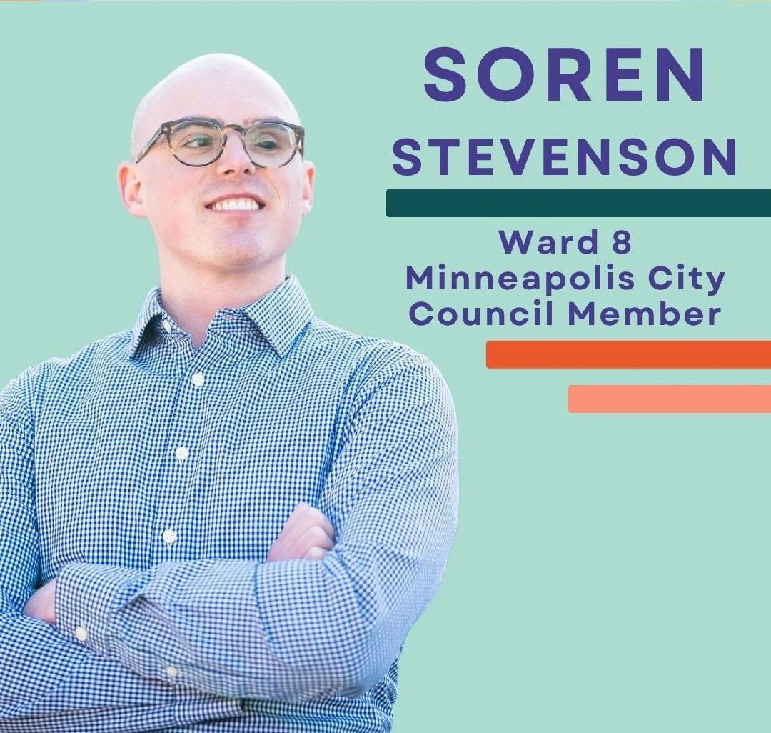 Graphic featuring Minneapolis Councilmember Soren Stevenson, wearing glasses and a checkered shirt, with his arms crossed, on a light green background. Soren has endorsed Shannon Gibney for Minneapolis School Board, District 3.