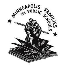Logo with text 'Minneapolis Families for Public Schools' featuring a raised fist holding a book and a sword. MFPS has endorsed Shannon Gibney for Minneapolis School Board, District 3.