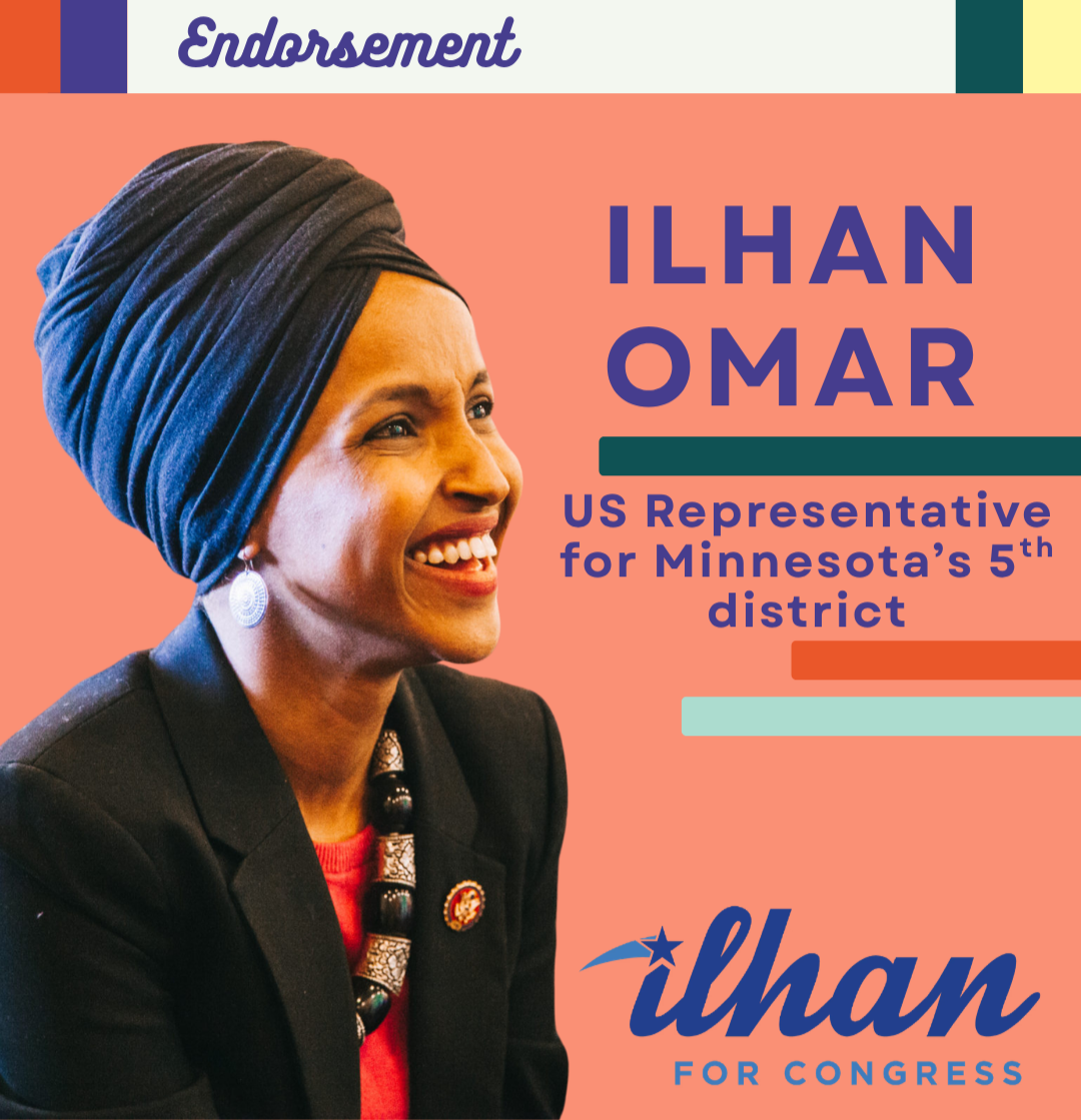Colorful campaign graphic featuring Congresswoman Ilhan Omar, a woman wearing a black blazer and headwrap, smiling. Ilhan has endorsed Shannon Gibney for Minneapolis School Board, District 3.